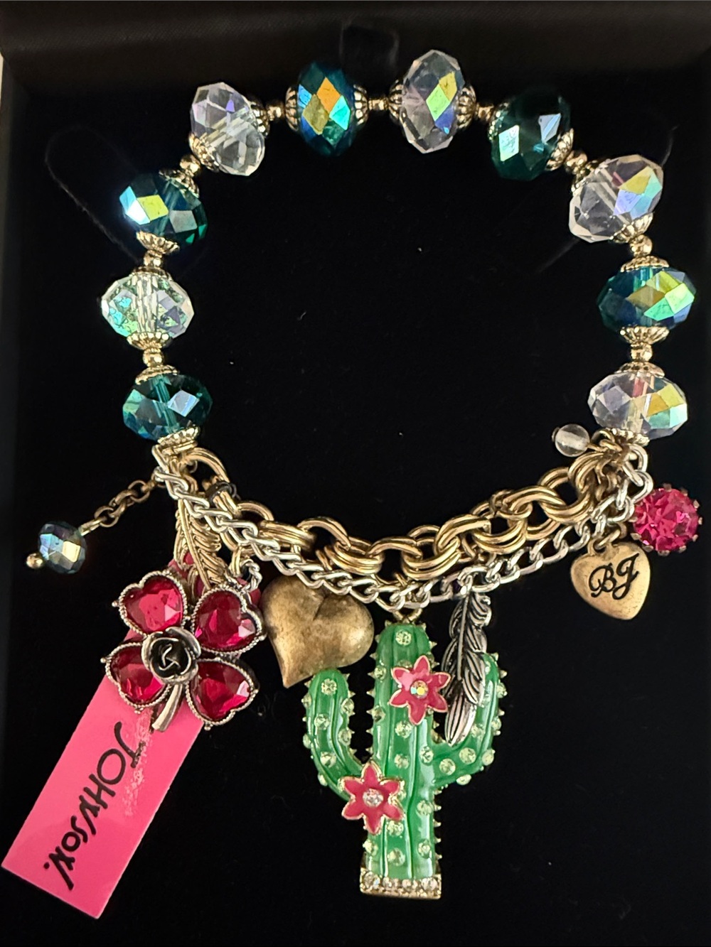 Betsey Johnson Vintage Green Cactus Multi Charm Stretch Bracelet w/Puffy Heart